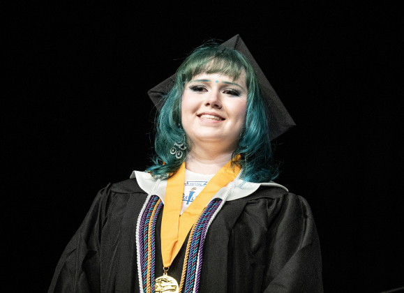 Richarte High valedictorian Tessa Graham  smiles as she prepares to speak during the Richarte Class of 2026 Commencement held at the Rodney and Mary Klett Performing Art Center on Thursday, May 21, 2026.