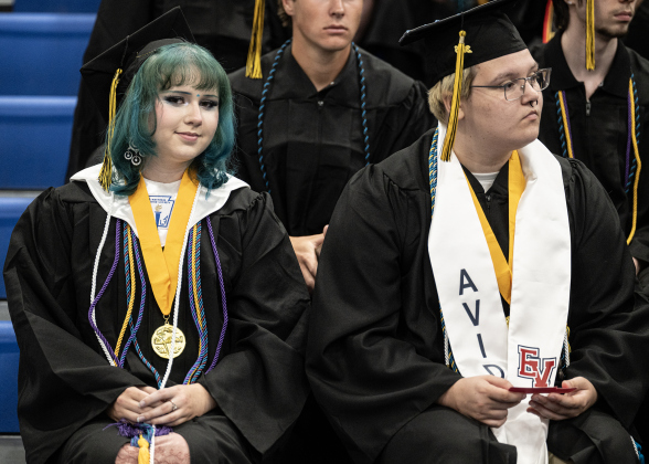 Valedictorian Tessa Graham, left, and salutatorian Kendal Tipton, right, were ready to take the stage during the Richarte High School Class of 2026 Commencement held at the Rodney and Mary Klett Performing Art Center on Thursday, May 21, 2026.