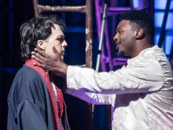 Izzie Howell, left, as Judus, and Nathaniel Fomby, playing Jesus, are pictured during the  Thursday, May 28, 2026 dress rehearsal for “Jesus Christ Superstar,” playing on the Georgetown Palace Springer Stage through July 5th.