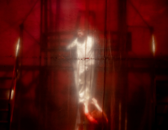 The crucifixion scene is seen behind a curtain near the end of the production  during the  Thursday, May 28, 2026 dress rehearsal for “Jesus Christ Superstar,” playing on the Georgetown Palace Springer Stage through July 5th.
