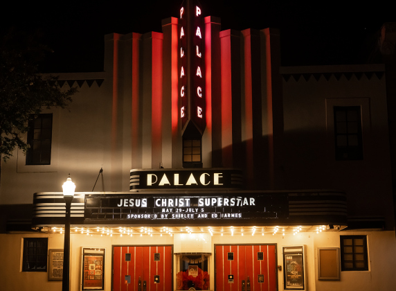 The Georgetown Palace marquis shines along Austin Avenue on   Thursday, May 28, 2026.  “Jesus Christ Superstar,” playing on the Georgetown Palace Springer Stage through July 5th, is promoted.   The Palace is once again operational after flooding that occurred on January 25th.  Photo by Andy Sharp.