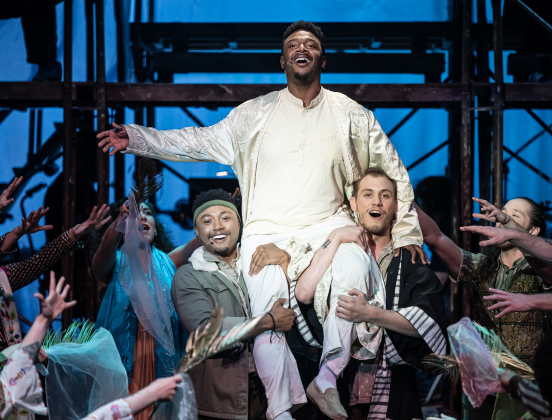 Nathaniel Fomby, center,  playing Jesus, is pictured with Theron Howard, left, as Peter, and ensemble cast member Jake Jordan, right.