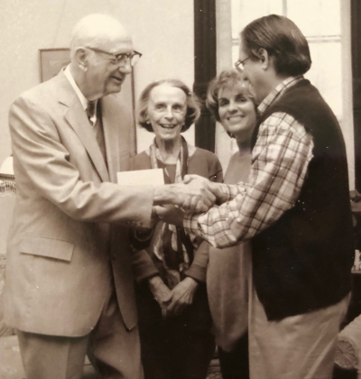 Current Sun publishers Clark Thurman (far right) and Linda Scarbrough (center right) buy the Williamson County Sun newspaper from Linda’s parents, Don (far left) and Clara (center left) Scarbrough in 1986. Sun Archive.