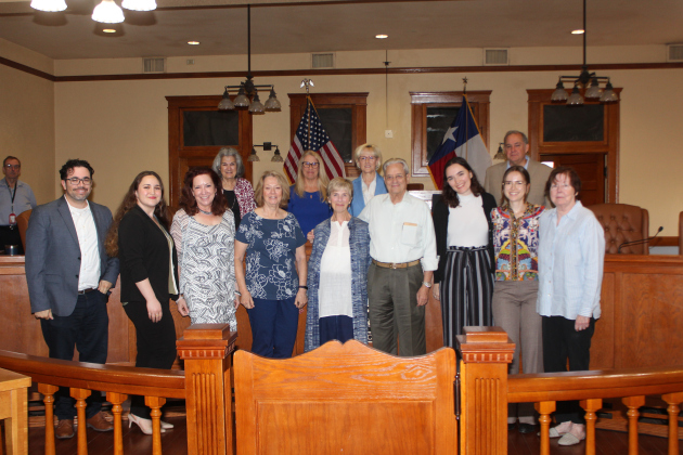 The Sun’s staff, from left, Editor Nicholas Cicale, Reporter Nalani Nuylan, General Manager Jessica Ohle, Circulation Manager  Linda Fenton, Publishers Linda Scarbrough and Clark Thurmond, and reporters Kaitlyn Wilkes, Abbey Archer and Katherine Ham- ilton, join Williamson County Commissioners Tuesday, May 19, for a proclamation celebrating the newspaper’s 150th volume. Photo courtesy of Williamson County.