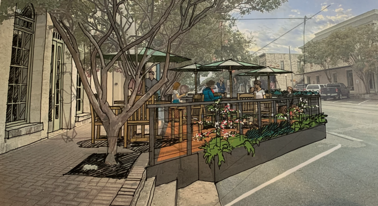 This rendering of the parklet shows what it would look like from the side, including how it would be delineated from parking spaces. It also highlights how the chairs and umbrellas could be laid out. (Rendering Courtesy City of Georgetown) 