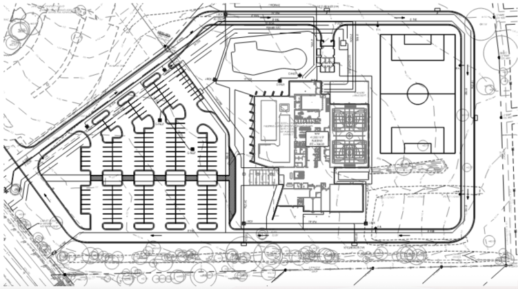 A schematic for the Georgetown YMCA shows an overhead view of the parking lot, the building and the outside courts and pools that will be a part of the two-story building. (Rendering courtesy City of Georgetown)