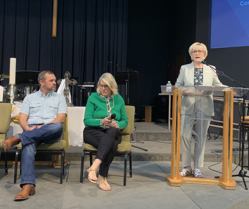 Georgetown City Council Member Amanda Parr, center, was joined by council member Jake French, whose district neighbors hers, and County Commissioner Valerie Covey during a town hall meeting on May 18. (Photo by Kaitlyn Wilkes)
