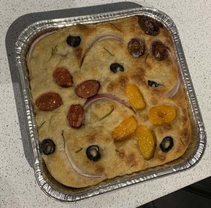 Sourdough focaccia bread made during a Extension Office class seen before and after being baked.
