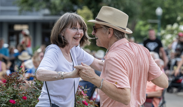 Lori and Les Sherman dance to the music played by  Vinyl Countdown G/ATX! during the free First Friday concert held on the Williamson County Courthouse lawn on Friday, June 12, 2026.  The concerts, hosted by the Georgetown Beard Club, are generally on the first Friday of the month, but this one was postponed because of rain last week.     Photo by Andy Sharp