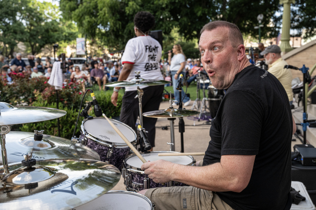 Derek Noe, drummer with Vinyl Countdown G/ATX!  Performs during the free First Friday concert held on the Williamson County Courthouse lawn on Friday, June 12, 2026.  The concerts, hosted by the Georgetown Beard Club, are generally on the first Friday of the month, but this one was postponed because of rain last week.     Photo by Andy Sharp