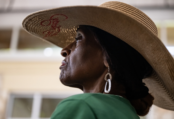 Rev. Dr. Marilyn Ellison listens to the presentation by keynote speaker Loren D. Alves, DDS  during the 74th Annual Juneteenth  Celebration held at the Georgetown Community Center on Saturday, June 13, 2026.  The event is hosted by the Georgetown Cultural Citizen Memorial Association.    Photo by Andy Sharp.