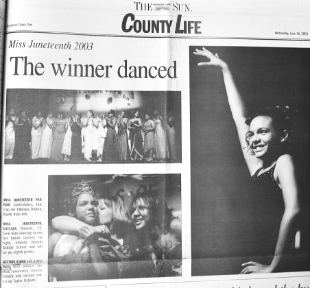 A feature in the June 18, 2003, edition of the Sun shows Chelsea Osborne as Miss Juneteenth in the TRG Juneteenth pageant.