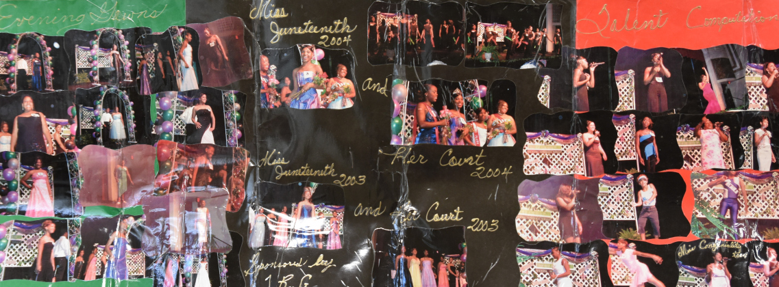 A preserved banner shows the 2003 and 2004 Miss Juneteenth winners.  Banner courtesy Patricia Bailey
