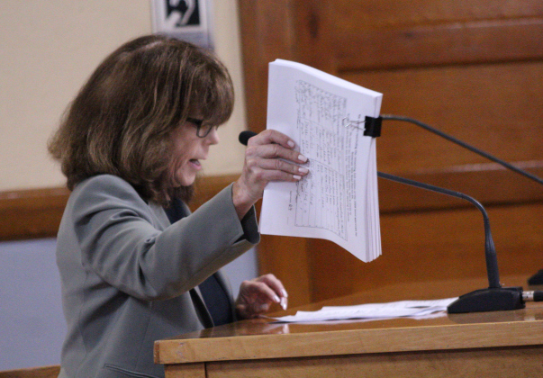 Sun City resident Shanon Reed holds up 1,320 signatures from Sun City residents to potion the Somerset Hills Road District No. 4 during the June 16 Commissioners Court meeting. Photo by Nalani Nuylan.
