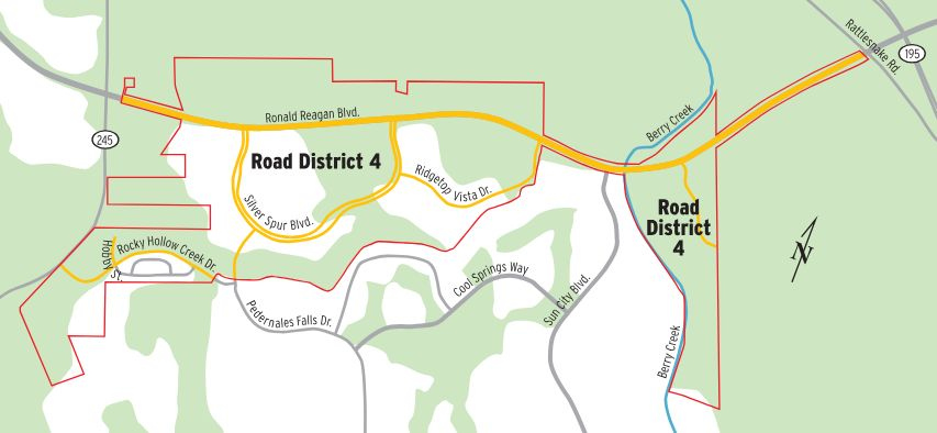 Comprising about 1,300 age-restricted homes in Sun City between County Road 245 and Rattlesnake Road along Ronald Reagan Boulevard in Georgetown, Somerset Hills Road District No. 4 has $45 million in road bonds to pay off. Illustration by Matthew Brake.