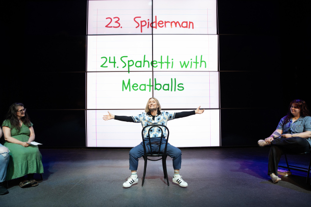 Sandy D’Amato sits center stage as one of the storytellers in Every Brilliant Thing. Photos courtesy Lindsey Brisbine, The Palace Theatre 