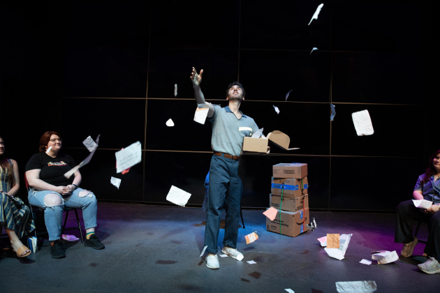 Jacob Rosenbaum tosses papers as one of the storytellers in Every Brilliant Thing.  Photos courtesy Lindsey Brisbine, The Palace Theatre