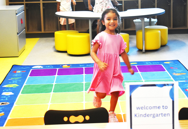Mia Velasquez is excited to be a Berry Creek kindergarten student when school starts in August. She’s already picked out her favorite classroom in the kinder hallway. Photos by Katherine Hamilton