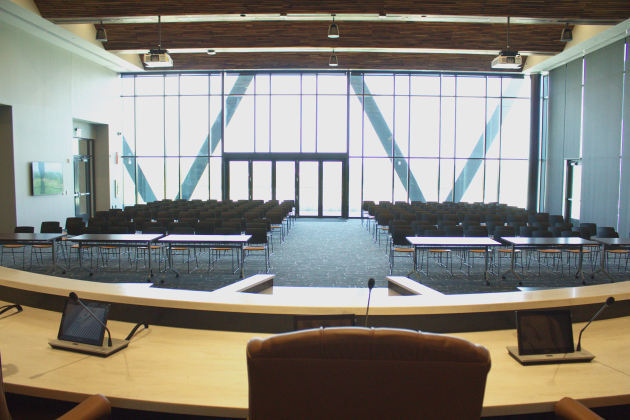 The view from the new Commissioners Courtroom dais allows commissioners to see the dome of the old courthouse. Photo by Nalani Nuylan.