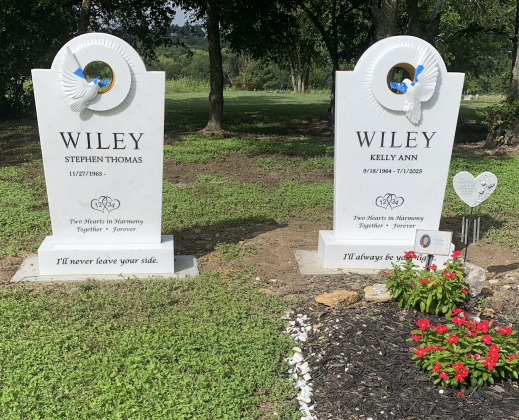 These custom headstones made for Kelly and Stephen Wiley by Carla Diaz will have the rings around the birds painted gold when finished in a Catholic symbol of the Holy Spirit. (Photo by Kaitlyn Wilkes