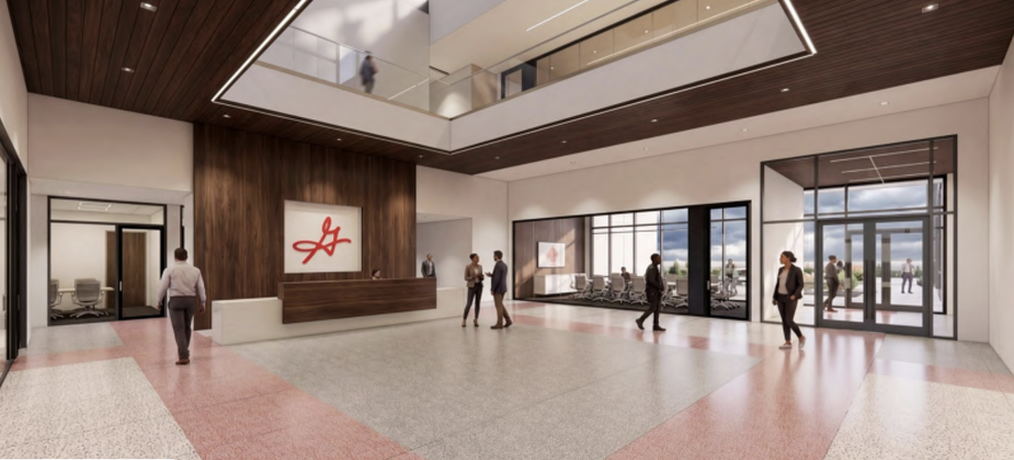 The main lobby shows access to the other floors in the building via an opening in the ceiling. (Rendering by MarmonMok Architecture)