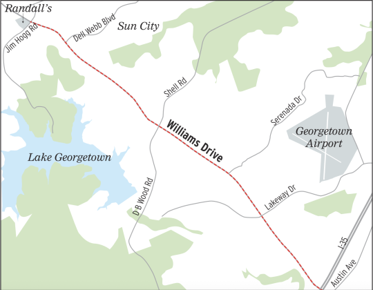 A road project on Williams Drive — from Austin Avenue to Jim Hogg Road — will add raised medians and update intersections. (Illustration by Matthew Brake)