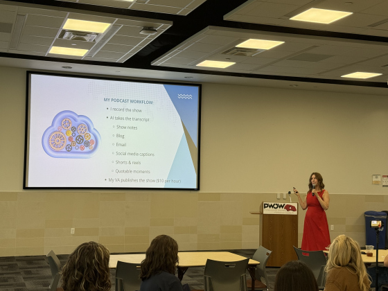 Laura Capes Terry, publisher of BeLocal Magazine, gives a presentation at the Professional Women of Williamson County luncheon, hosted at Temple College in Hutto on June 24. About 50 people attended the meeting. Photo by Abbey Archer