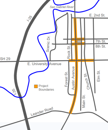 A map shows the project boundaries for proposed Austin Avenue improvements through downtown Georgetown.