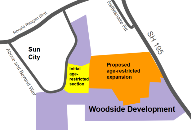 A map shows the Woodside MUD, as well as proposed expansion of its age-restricted housing product. Sun City is just to the west.