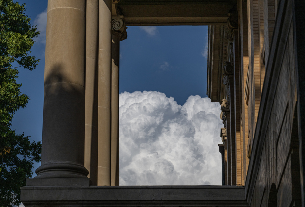 Clouds build in the distance behind the Williamson County Courthouse.