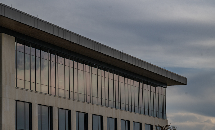Sunlight reflects off the windows of the new Williamson County Administration Building.