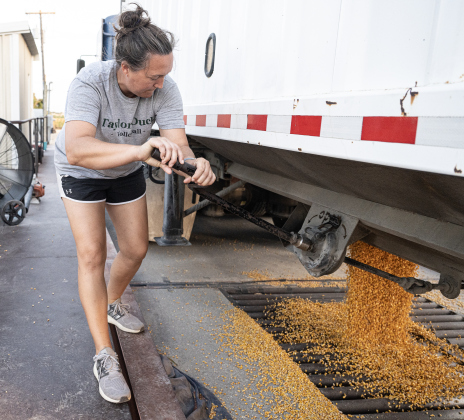 Kate Kennedy helps transfer harvested corn from a truck into a bay connected to one of six grain elevators during the 2026 corn harvest of brothers Shaun and Steven Raesz on Saturday, July 11, 2026.  Kate, a volleyball coach and teacher at Granger ISD is Steven’s longtime girlfriend.  She helps out most years if school obligations aren’t an issue. The family is harvesting over 4,000 acres of corn this season.     Photo by Andy Sharp