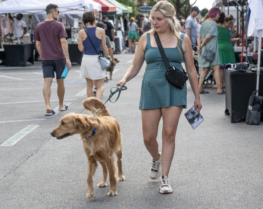 Kiersten Ware and her dog Charlie stroll along 8th Street during Market Days on Saturday, July 11, 2026.  Market Days  is held on the second Saturday  of the month in downtown Georgetown.   Photo by Andy Sharp