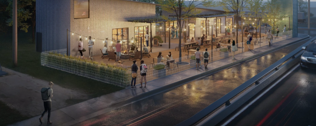 A rendering shows The Rail Yard, a proposed gathering space and dining development at the corner of Main and First streets.   Rendering courtesy Public Sketch