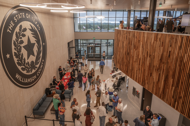 The main entrance area of the Williamson County Administration Building is pictured during the Grand Opening Celebration of the new facility on Tuesday, July 14, 2026.  A County Showcase was held in addition to a ribbon cutting ceremony in the County Commissioners Courtroom.   Photo by Andy Sharp