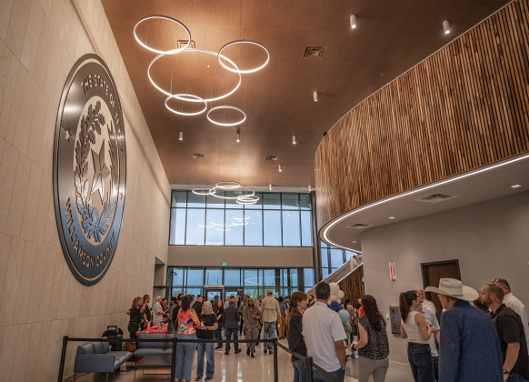 The main entrance area of the Williamson County Administration Building is pictured during the Grand Opening Celebration of the new facility on Tuesday, July 14, 2026.  A County Showcase was held in addition to a ribbon cutting ceremony in the County Commissioners Courtroom.   Photo by Andy Sharp