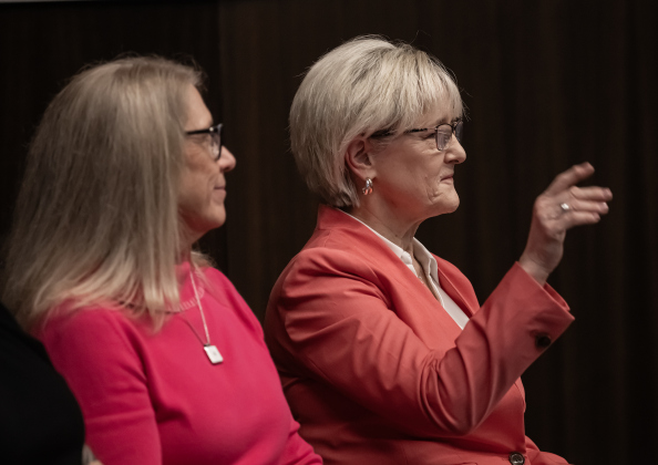 County Commissioners Cynthia Long, left, and Valerie Covey attended the Grand Opening Ceremony for the Williamson County Administration Building  on Tuesday, July 14, 2026.  A County Showcase was held in addition to a ribbon cutting ceremony in the County Commissioners Courtroom.   Photo by Andy Sharp