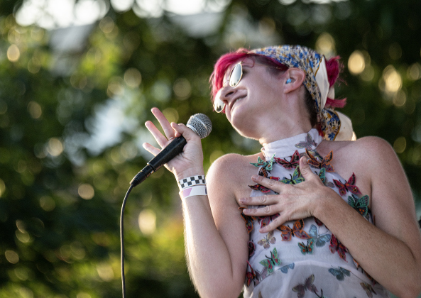 Laura Blewitt (pictured) and her Wild Heaven Band performed during the 6th Annual Taylor Pride Festival, held at Heritage Square Park on Saturday evening, June 27, 2026.     Photo by Andy Sharp