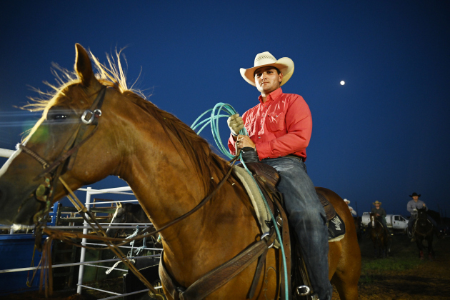 Coda Myers, astride his horse named Crankshaft,  gets ready to compete in Team Roping at the 82nd Annual Williamson County Sheriff’s Posse Rodeo on Friday, June 26, 2026. The rodeo continued through Saturday night.    Photo by Andy Sharp