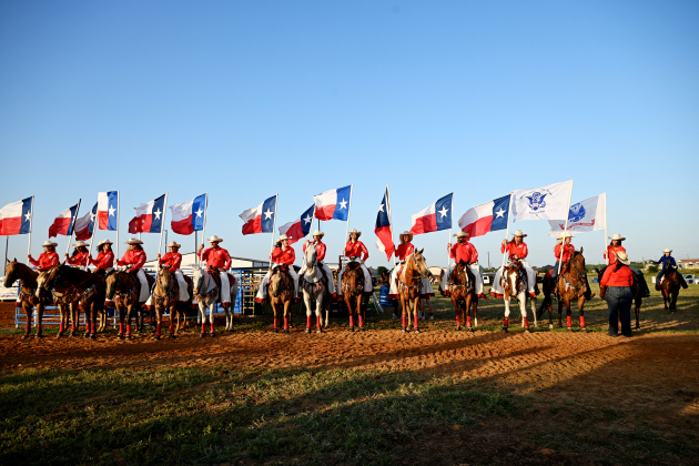 Members of the Williamson County Sheriff’s Posse drill team prepare to enter the arena at the 82nd Annual Williamson County Sheriff’s Posse Rodeo on Friday, June 26, 2026. The rodeo continued through Saturday night.    Photo by Andy Sharp