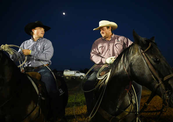 Garrett Baldwin, left, and teammate John Terrell prepare to participate in Team Roping the 82nd Annual Williamson County Sheriff’s Posse Rodeo on Friday, June 26, 2026. The rodeo continued through Saturday night.    Photo by Andy Sharp