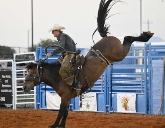 Davin Serres competes in Ranch Bronc Riding at the 82nd Annual Williamson County Sheriff’s Posse Rodeo on Friday, June 26, 2026. The rodeo continued through Saturday night.    Photo by Andy Sharp