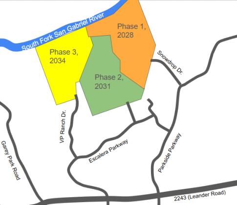 A map shows the location of Patience Ranch, a proposed three-phase residential development just south of the San Gabriel River and east of Garey Park. Approximately 500 homes are proposed, with large lot sizes. The property is currently a cattle ranch.