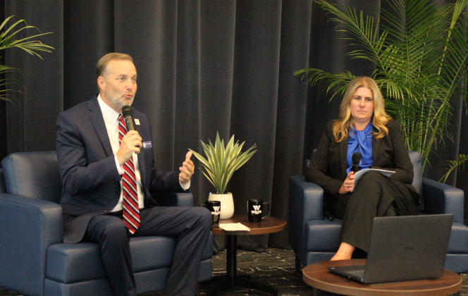 Williamson County Judge Steve Snell, left, and County Manager Rebecca Clemons present the State of the County at the new County Administration Building, 1878 Texas Trail in Georgetown, on July 14. Photo by Nalani Nuylan.