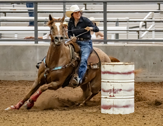 Emalynn Mouser competes in 15-U barrel racing  during the 3rd Annual Bill Pickett Youth Rodeo, held at the Williamson County Expo Center on Saturday, June 20, 2026.  Contestants can be no older than 18 to participate.     Photo by Andy Sharp
