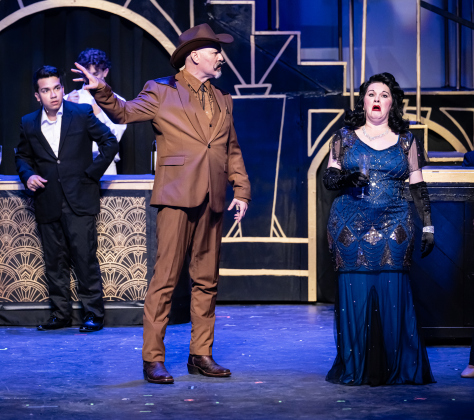Matt Dunegan, front left, playing Abner Dillon, and Lorri Boyd, front right,  as Dorothy Brock,  are shown in a photo from the dress rehearsal of the Georgetown Palace production of “42nd Street”  on Thursday, July 23, 2026. The show runs through August 30 on the Springer Stage.   Photo by Andy Sharp