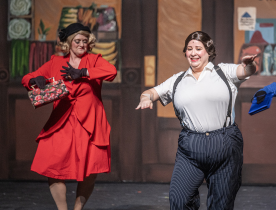 Jill Schneider, back left, as Lorraine Flemming, and Staci Bonura, front right, playing Andy Lee, are shown in a photo from the dress rehearsal of the Georgetown Palace production of “42nd Street”  on Thursday, July 23, 2026. The show runs through August 30 on the Springer Stage.   Photo by Andy Sharp