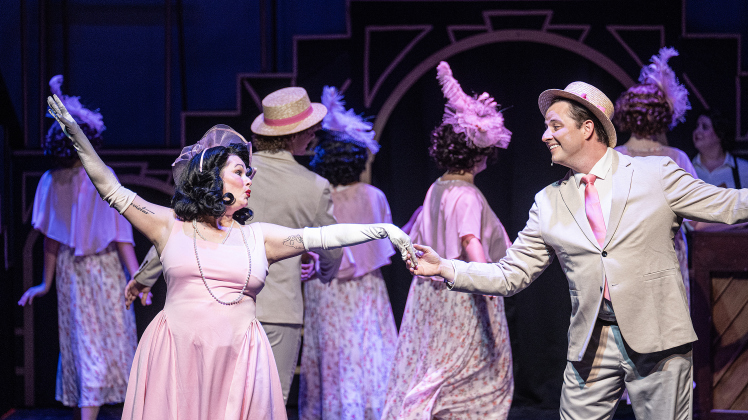 Lorri Boyd, left, as Dorothy Brock, and Dana McLaughlin, playing Billy Lawlor, are shown in a photo from the dress rehearsal of the Georgetown Palace production of “42nd Street”  on Thursday, July 23, 2026. The show runs through August 30 on the Springer Stage.   Photo by Andy Sharp