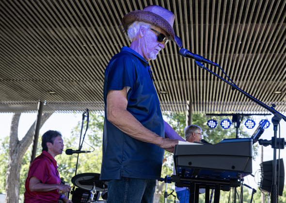 Jody Barry, a keyboard player with the group called Best of the Band performs during the Sertoma Club 4th of July celebration in San Gabriel Park  on Saturday, July 4, 2026.   Photo by Andy Sharp