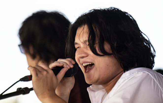 Matthew Bustamante, lead singer with the group Aviator performs during the Sertoma Club 4th of July celebration in San Gabriel Park  on Saturday, July 4, 2026.   Photo by Andy Sharp